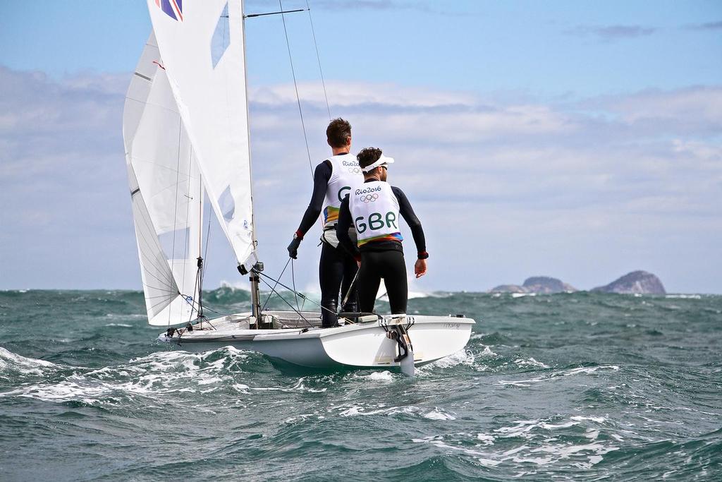 Luke Patience and Chris Grube check out the Atlantic Ocean off the coast of Brazil, before the start of Race 3, on  Day 4 of the 2016 Olympics © Richard Gladwell www.photosport.co.nz